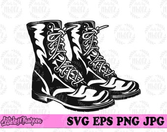 May include: A pair of black leather boots with laces. The boots are tied and have a thick sole.