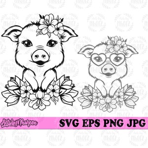 Cutest Pig svg | Floral Pig Clipart | Flower Animal Cut File | Cute Piglet Stencil | Teach Pig T-shirt Design png | Pig with Glasses dxf jpg