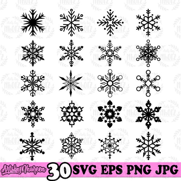 30 Snowflake SVG Bundle, Cute Snowflakes Clipart, Christmas Shirt Gifts, Snow Flakes PNG Bundle, Merry and Bright Cutfile, Winter Stencil