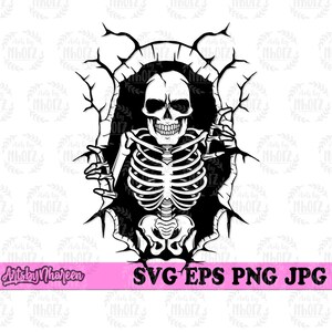 May include: A black and white illustration of a skeleton emerging from a cracked wall, with a mischievous grin and one hand raised in a gesture of greeting. The skeleton is wearing a ribcage and has a skull with a toothy smile.