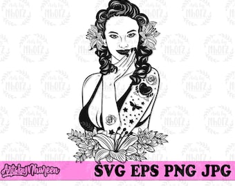 May include: Black and white line art illustration of a woman with flowers in her hair and tattoos on her arm. She is looking at the viewer and has a hand on her chin. The image is set against a white background.