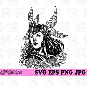 Peut inclure: Illustration en noir et blanc d'une femme portant un casque avec des ailes et une couronne de fleurs. La femme a les cheveux longs et une expression s&eacute;rieuse. L'image est dans un style graphique.