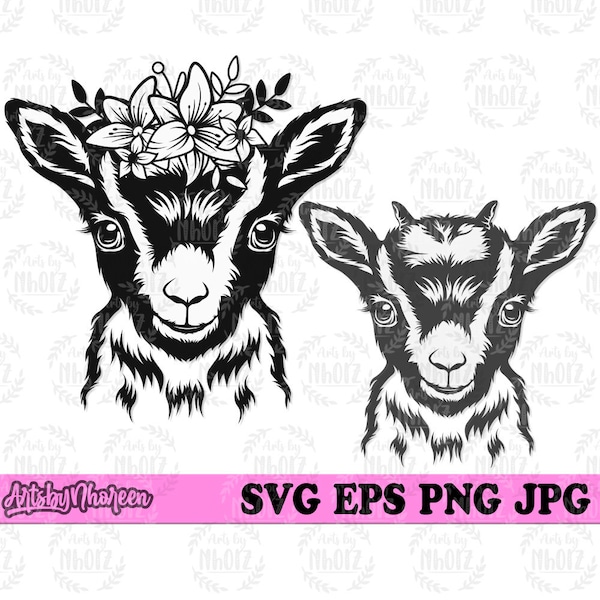 Cute Baby Goat svg, Floral Goat svg, Goat Head Clipart, Farm Goat Cut File, Farm Life T-shirt Design png, Goat’s Milk Monogram Stencil jpeg