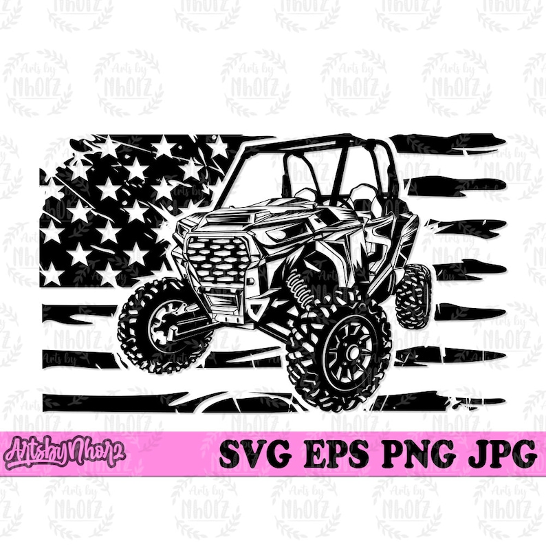 May include: Black and white illustration of a side-by-side off-road vehicle driving over a distressed American flag.