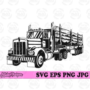 May include: Black and white illustration of a large logging truck hauling a load of logs. The truck has a large cab with a striped grill and a long trailer with multiple axles.