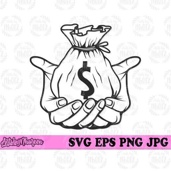 Hand met geldzak svg, Open Palm Clipart, Handen geven en delen Stencil, Donatie Cut File, Het ontvangen van zegeningen svg, US Doller Sign dxf