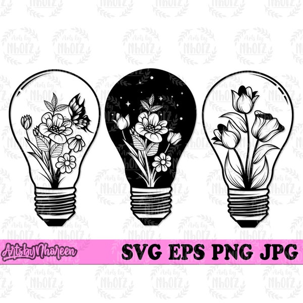 Floral Lightbulb svg, Flower Bulb Cut File, Light Plant Stencil, Flower Farm Monogram, Night Garden Clipart, Gardener T-shirt Gift Idea png