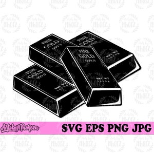 May include: Four black gold bars stacked on top of each other. Each bar has the words "Fine Gold 999.9" printed on it. The bars are labelled with "Net Wt 1000g".