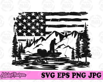 US River Fishing svg, Lake View Clipart, Camping Scene Stencil, Outdoor Cut File, USA Camp Life T-shirt Design png, Adventurer Mountaineer