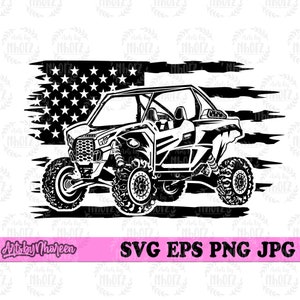 May include: Black and white silhouette of an off-road vehicle with a tattered American flag behind it. The vehicle has a roll cage and four wheels.