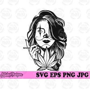 Könnte beinhalten: Schwarzweiß-Illustration einer Frau mit Clown-Make-up, die ein Marihuana-Blatt hält und eine Zigarette raucht.