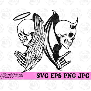 Angel Devil Skull svg, Good and Bad Clipart, Saint and Demon Cut File, Halloween Shirt png, Love and Death Stencil, Heaven Hell T-shirt png