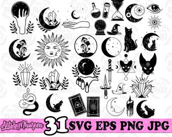May include: A set of 31 black and white SVG, EPS, PNG, and JPG digital files featuring various mystical and occult symbols, including moons, stars, crystals, cats, snakes, and a tarot card.