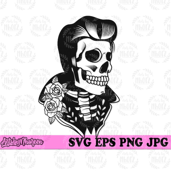 Rockabilly Skull svg, Floral Man Skull Clipart, Skeleton Dad Gift Idea Stencil, Rockers T-shirt Design png, Rock Skull Cut File, La Muerta