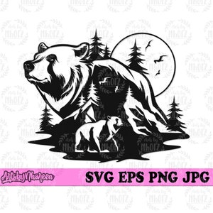 Bear Mountain Scene svg, Outdoor Clipart, Adventure Awaits Cut File, Camp Life Shirt png, Wild Animal Stencil, Wild Party Decor Cut File DXF