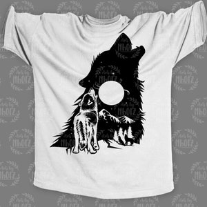 May include: A black and white graphic design of two wolves howling at the moon. The wolves are silhouetted against a night sky with stars and mountains. The moon is full and bright.