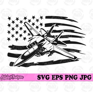 May include: Black and white silhouette of a fighter jet flying over a distressed American flag. The flag has a field of stars and stripes.