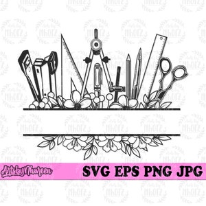 Ferramentas florais para professores svg | Ensinando a mãe clipart | Arquivo de corte de material escolar de volta às aulas | Camisa Dia Do Professor png | Estêncil de lápis de régua e tesoura