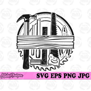 May include: Black and white illustration of a circular saw blade with various woodworking tools arranged around it, including a hammer, saw, ruler, and a piece of wood.