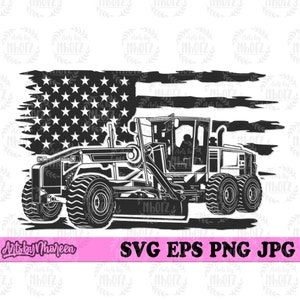 May include: Black and white illustration of a grader with a distressed American flag behind it. The grader is a heavy piece of construction equipment used for leveling and grading roads and other surfaces.
