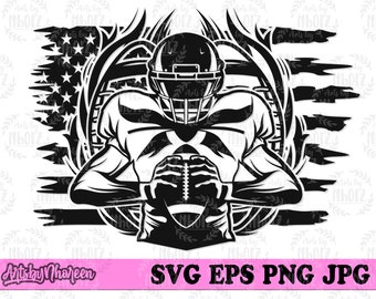 May include: Black and white illustration of a football player wearing a helmet and holding a football. The player is standing in front of a stylised American flag.