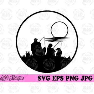 May include: Black and white silhouette of three people fishing at night. The scene is set in a circle with a full moon in the background.