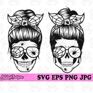 Messy Bun Skull Halloween svg, Horror Spooky Mom Life Cut File, Scary MomLife T-shirt Custom png, Spider Web Bun Mom Stencil, Haunted Boo