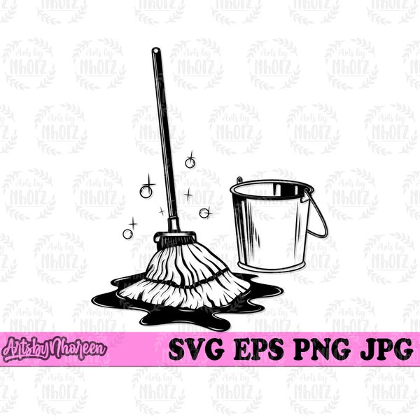 Mop Cleaning svg, Housekeeping Service Jpeg Stencil, Cleaning Monogram, Broom and Bucket Clipart, Floor Clean Cut File, Maid T-shirt png DXF