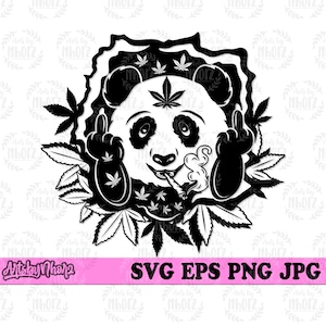 May include: Black and white illustration of a panda bear wearing a bandana and smoking a joint. The panda is surrounded by marijuana leaves.