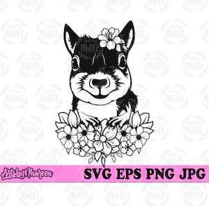 Op de afbeelding: Zwart-witte silhouet van een eekhoorn met een bloem op zijn kop. De eekhoorn wordt omringd door een krans van bloemen.