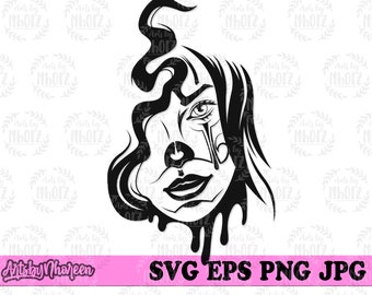 Joker Chic svg, Lady Killer Smile Clipart, Pretty Evil Laugh Cut File, Woman Clown Stencil, Hipster Bandit Girl Cutfile, Bad Goons dxf jpeg