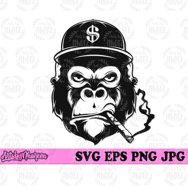Gorilla Smoking Cigar svg, Wild Beast Creature Clipart, Strong Animal Chilling Cut File, Ape Stencil, King of the Jungle T-shirt Design png