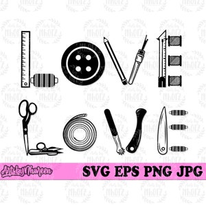 May include: Black and white graphic design of the word "LOVE" made up of sewing and crafting tools. The letters are made up of a ruler, button, pencil, seam ripper, spool of thread, measuring tape, awl, and a craft knife.