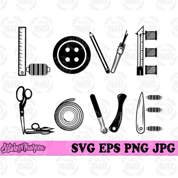 Sewing Tools Love svg, Sewer Gift Idea T-shirt Design png, Tape Measure Clipart, Pin Cushion Stencil, Gauge dxf, Shears Seam Ripper Thimble