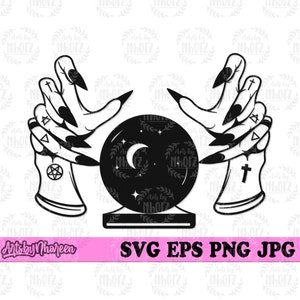 Main de sorcière avec boule de cristal svg, Gypsy Clipart, Fortune Teller Cut File, Scarlet Stencil, Witchcraft T-shirt Design png, Black Tarot dxf