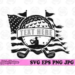 May include: Black and white silhouette of a golfer with crossed golf clubs, a golf ball, and a banner with the text "TEXT HERE" in front of a distressed American flag.