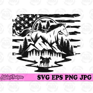 May include: Black and white silhouette of a horse running through a mountain landscape with a distressed American flag in the background. The horse is running towards the right side of the image. There are trees and mountains in the background.