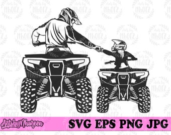 May include: Black and white silhouette of two people riding quad bikes, holding hands. The people are wearing helmets and are facing forward. The quad bikes are side-by-side.