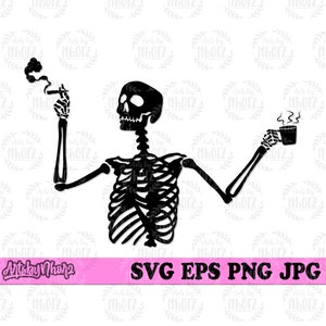 May include: Black and white silhouette of a skeleton holding a cigarette in one hand and a cup of coffee in the other. The skeleton is smoking and the coffee has steam coming from it.