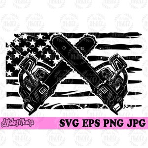 May include: Black and white silhouette of two chainsaws crossed over a distressed American flag design. The text "SVG EPS PNG JPG" is at the bottom of the image.