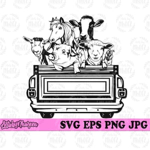 Farm Animals in Farm Truck svg, Peeking Pig Clipart, Farm Goat Cut File, Horse Barn Stencil, Cow Milk Monogram, Sheep and Chicken Tshirt png