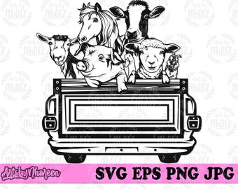 Farm Animals in Farm Truck svg, Peeking Pig Clipart, Farm Goat Cut File, Horse Barn Stencil, Cow Milk Monogram, Sheep and Chicken Tshirt png