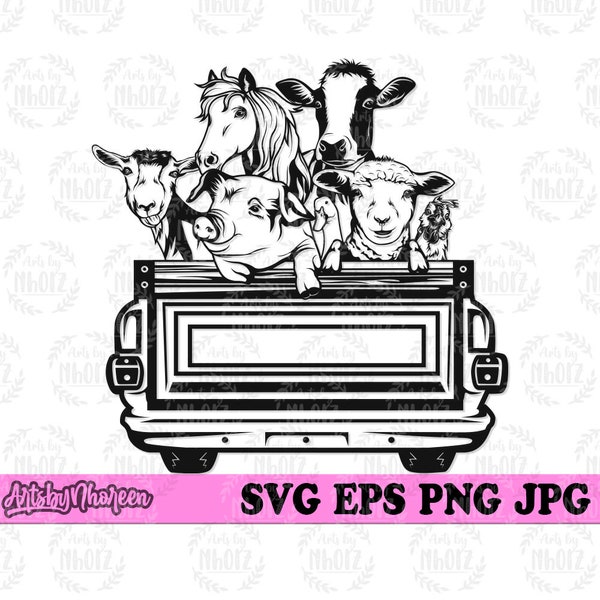 Farm Animals in Farm Truck svg, Peeking Pig Clipart, Farm Goat Cut File, Horse Barn Stencil, Cow Milk Monogram, Sheep and Chicken Tshirt png