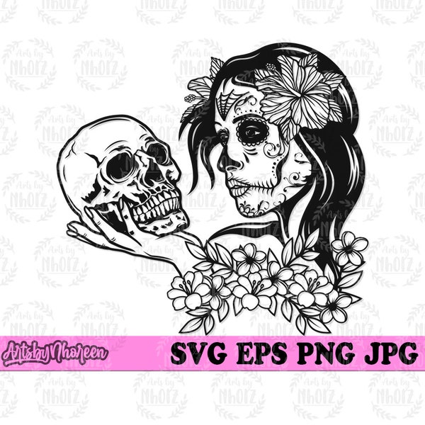 Sugar Skull svg | Halloween Mom Cut File | Floral Catrina Stencil | Flower La Muerta dxf | Candy Skull Clipart | Horror Spooky Scary Boo jpg