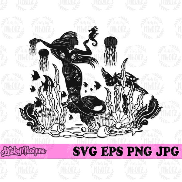 Mermaid svg, Dancing Lady Fish Stencil, Underwater Scene Clipart, Under the Sea Cut File, Mermaid Life T-shirt Design png, Girl with Tail