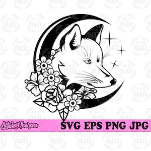 May include: Black and white line art illustration of a fox's head with a crescent moon behind it. The fox is surrounded by flowers.