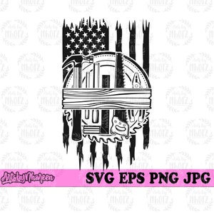 May include: Black and white silhouette of a saw, hammer, ruler, and other carpentry tools arranged in a circle inside a distressed American flag design. The text "SVG EPS PNG JPG" is at the bottom of the image.