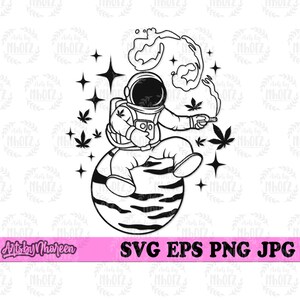 May include: Black and white line art illustration of an astronaut sitting on a planet, smoking a joint with smoke in the air. There are stars and marijuana leaves in the background.
