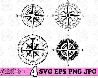 May include: Four black and white compass rose illustrations with the cardinal directions N, S, E, and W. Each compass rose is circular with a star in the center and a circle around the star.