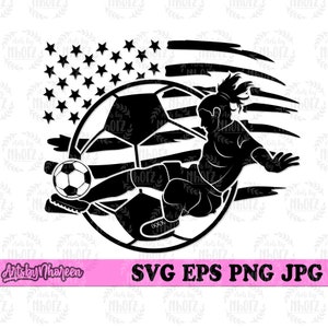 May include: Black and white silhouette of a soccer player kicking a soccer ball. The player is wearing a jersey and shorts. The player is kicking the ball towards a soccer ball with a distressed American flag design behind them. The text "SVG EPS PNG JPG" is at the bottom of the image.
